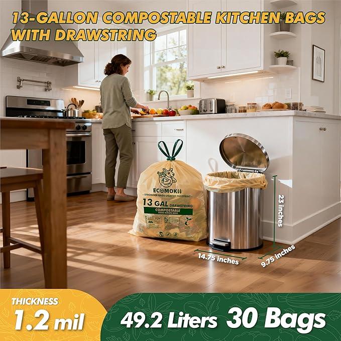 EcoMokii 13 Gallon Compostable Trash Bags with Drawstring, 30 Count, 49.2 Liter, 1.2 Mil Heavy Duty Extra Thick Large Kitchen Garbage Bin Liners, Compost Food Scraps Bag, BPI (ASTM D6400) - NeatNest