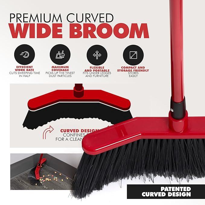 Da Vinci Curved Angle Broom & Dustpan Combo Pack - Heavy Duty Wide Broom for Indoor/Outdoor Sweeping, Steel Telescopic Handle, Durable PVC Bristles, Ideal for Pet Hair, Dust, Kitchen & Rough Surfaces - NeatNest