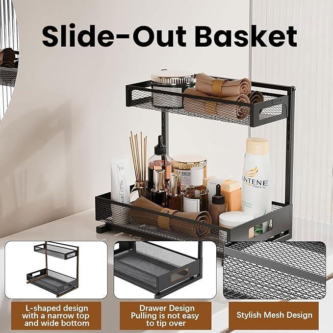 ONEUPIN Under Sink Organizer, Multi-Purpose 2 Tier Pull Out Cabinet Organizer Baskets，Adjustable Height Design Slide Out Storage Shelf for Home Kitchen and Bathroom (1 Pcs Black) - NeatNest