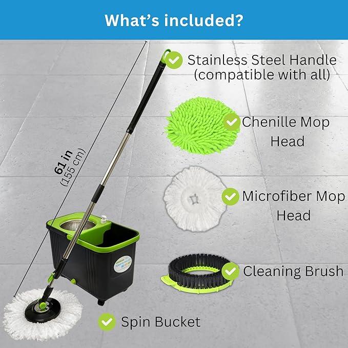 Spin Mop and Bucket P SS 003 with 1 Floor Brush and 1 Chenille Car Wash Mop for Home & Office Cleaning -360 Rotating Mop Spinner and Bucket with 61'' Stainless Steel Mop Handle - NeatNest