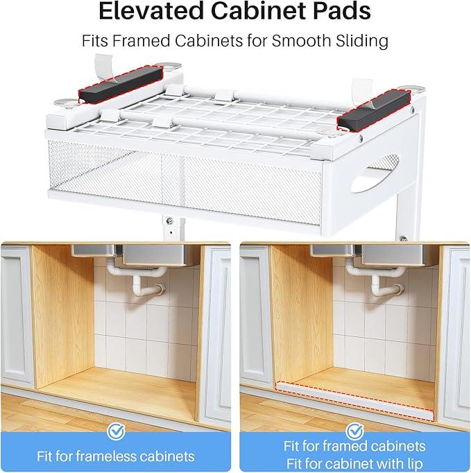 Under Sink Organizer, 2 Pack 2 Tier Pull Out Under Cabinet Organizer Shelf with Pad for Framed Cabinets, Metal Slide Out Under Sink Storage, Mesh Sliding Drawers for Kitchen Bathroom Laundry, White - NeatNest
