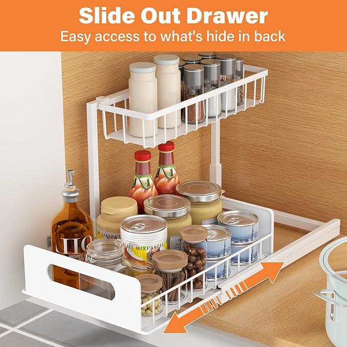 2 Pack Under Sink Organizer, 2 Tier Pull Out Cabinet Organizer,Slide out Metal Cabinet Organizers Multi-Purpose Drawer Shelf for Kitchen Bathroom Pantry Cabinet Closet Organization Rack,White - NeatNest