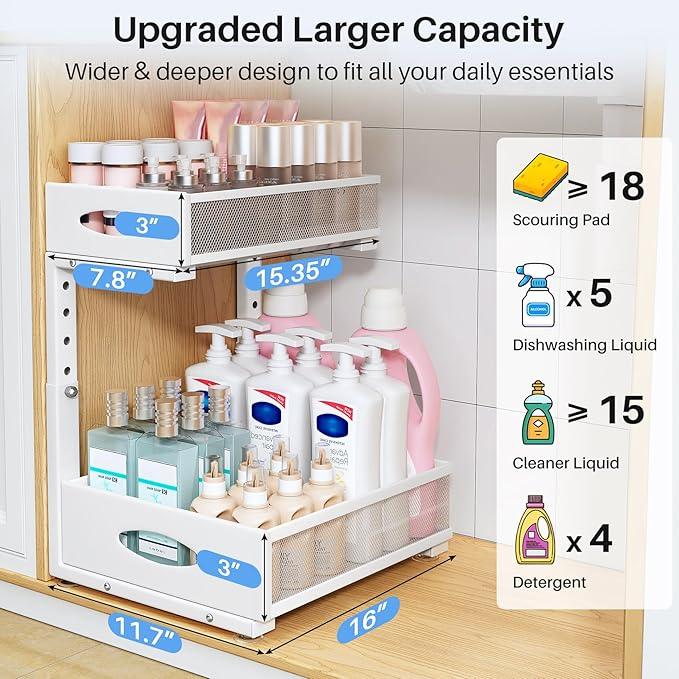 Under Sink Organizer, 2 Tier Pull Out Under Cabinet Organizer Shelf with Pad for Framed Cabinets, Metal Slide Out Under Sink Storage, Mesh Sliding Drawers for Kitchen Bathroom Laundry(White, 1 Pack) - NeatNest