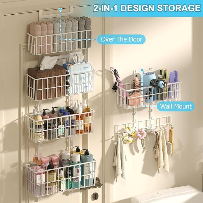 Adjustable Over The Door Organizer, Metal Hanging Door Organizer with 5 Wire Basket 7 Hooks, Wall Mounted Shelf for Pantry Closet Organization and Storage, White - NeatNest