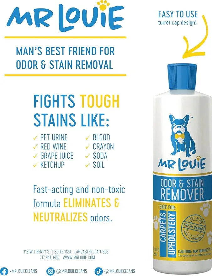 MR LOUIE ODOR & STAIN REMOVER - Safe For Use Around Kids and Pets. Incredibly tough on odors and stains from Blood, to Cat/Dog Urine, Feces, Vomit, to Food Stains like Ketchup, Red Wine, and Coffee. - NeatNest