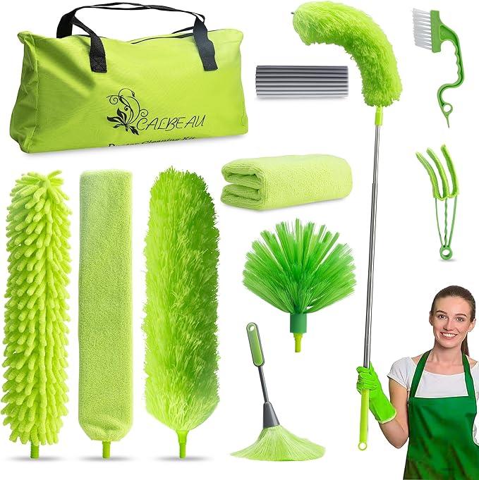 Microfiber Duster with Extension Pole 30 to 100'', Bendable Reusable Washable Feather Dusters for Cleaning High Ceiling Fan, Cobweb, Blinds, Keyboard, Furniture & Cars, Green Gift for Women (11 PCS) - NeatNest