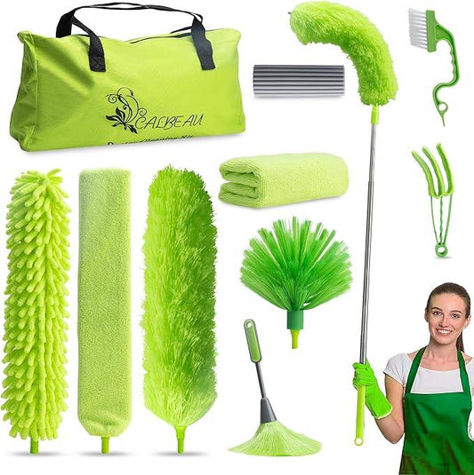 Microfiber Duster with Extension Pole 30 to 100'', Bendable Reusable Washable Feather Dusters for Cleaning High Ceiling Fan, Cobweb, Blinds, Keyboard, Furniture & Cars, Green Gift for Women (11 PCS) - NeatNest