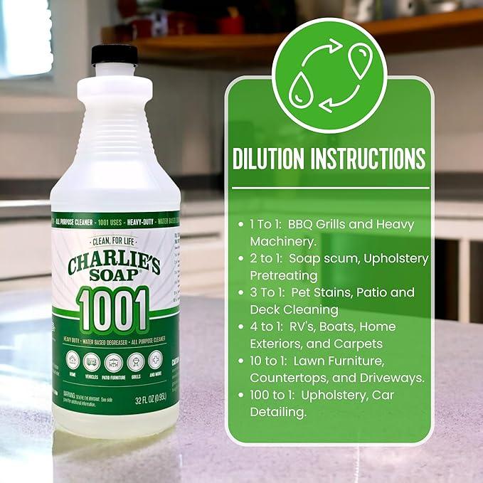 Charlie's Soap 1001 Cleaner - Heavy Duty Biodegradable Concentrated All Purpose Water Based Degreaser (32oz, 1 Pack) - Safe Residential, Commercial, & Janitorial Cleaner - NeatNest