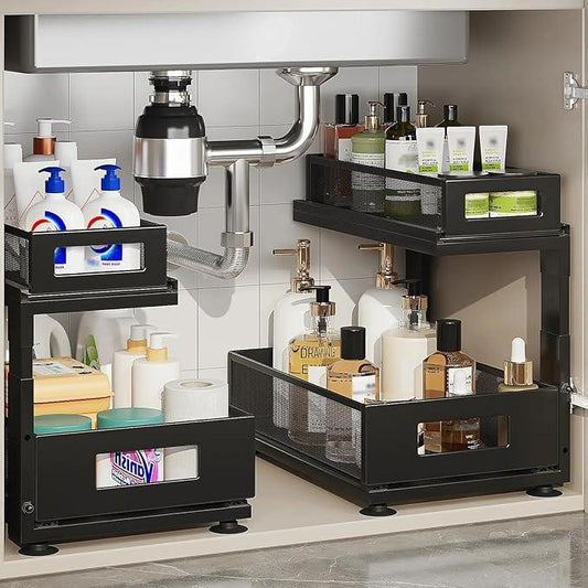 2 Pack Under Sink Organizer with Next-Gen Ball-Bearing Slides,2-Tier Pull Out Cabinet Storage,Height Adjustable Drawer Shelf for Bathroom,Kitchen,Laundry,Cabinet,Pantry(Patent Pending) - NeatNest