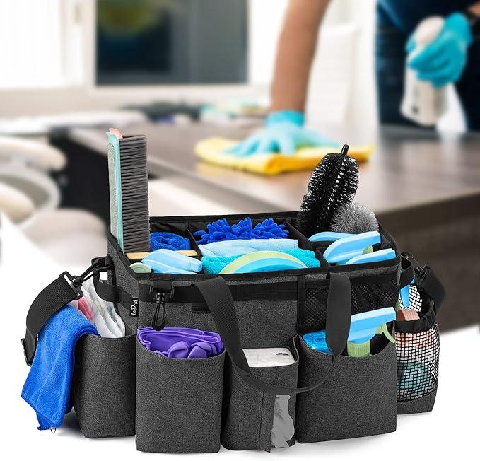 LoDrid Wearable Cleaning Caddy Bag with 4 Foldable Dividers, Cleaning Supply Organizer with Shoulder Strap and Side Handles for Cleaners & Housekeepers, Black - NeatNest