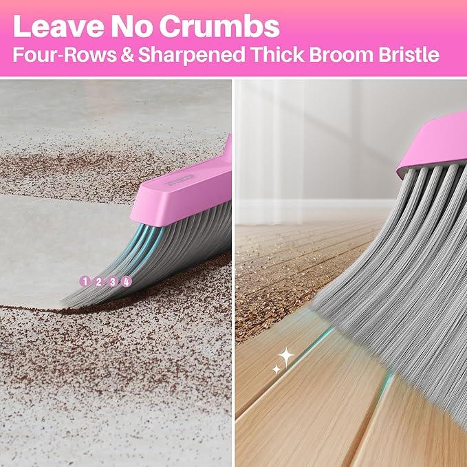 JOYMOOP Pink Broom and Dustpan Set with 56” Handle, Upright Angle with Built-in Comb Teeth for Hardwood Floors and Pet Hair - NeatNest