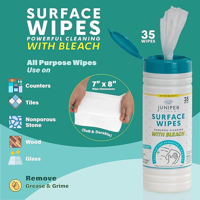 12 Pack Surface Cleaning Wipes with Bleach, All-Purpose Cleaner for Bathroom, Kitchen, Office, 420 Count Canister, 7.5" x 7" Sheet, Fresh Scent, Lint Free & Durable - NeatNest