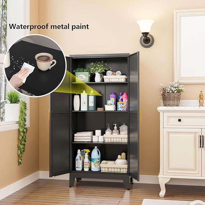 Black Metal Storage Cabinet, 48" Steel Cabinets for Home Office, Kitchen Pantry Storage Cabinet with Doors and 3 Adjustable Shelves, for Office, Home, Garage, School - NeatNest