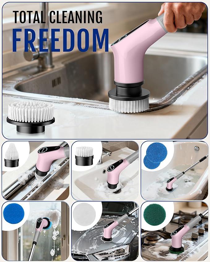 Dovety Electric Spin Scrubber, Cordless Cleaning Brush, Shower Scrubber with 8 Replaceable Brush Head, Power Cleaning Brush with Extension Handle, 2 Adjustable Speed, for Bathtub Grout Tile Floor - NeatNest