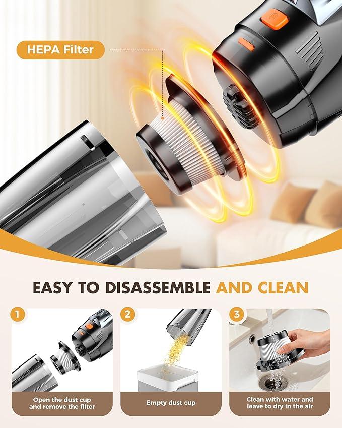 Handheld Vacuum Cordless 25000PA Powerful Suction, Portable Car Vacuum, 3 in 1 Hand Held Vacuum Rechargeable 8000mAh with LED Light, HEPA Filter, Home, Car Seats, Office, Pet Hair, Dust Buster - NeatNest