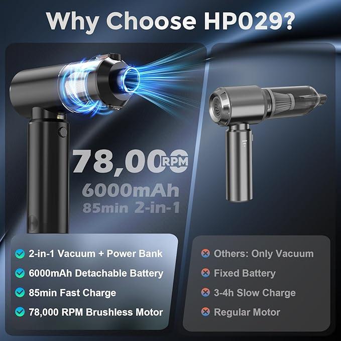 Cordless Handheld Vacuum with 6000mAh Power Bank & LED Light – 3-in-1 Car Vacuum, Air Blower & Phone Charger, 20,000Pa Strong Suction, 1lb Mini Vacuum for Car, Home, Pet Hair & Travel - NeatNest
