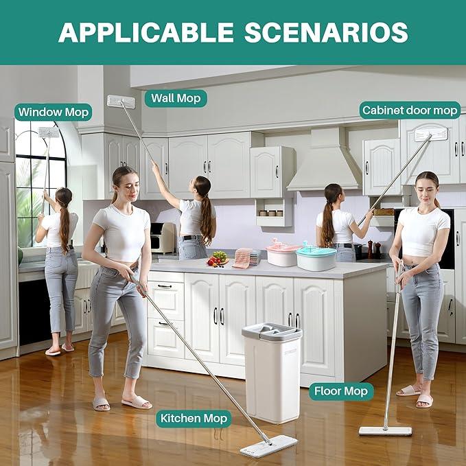 JOYMOOP Mop and Bucket with Wringer Set, Hands Free Flat Floor Mop and Bucket, with 5 Washable Microfiber Pads, Wet and Dry Use, Floor Cleaning System - NeatNest