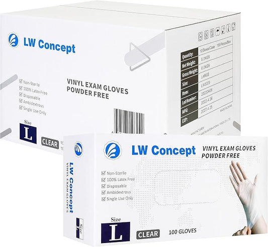LW Concept Clear Vinyl Exam Gloves for Medical/Food Safe/Cleaning/Handling Use Multipurpose Latex & Powder Free, 3.5 mil (LW3003, Large, Case of 1000) - NeatNest