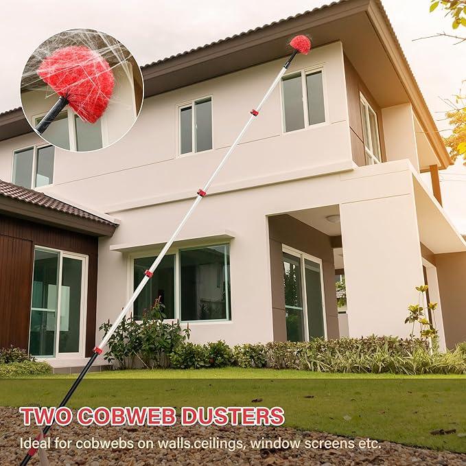 7-24 FT Extension Pole with 2 Outdoor Cobweb Brushes, 30 FT High Reach Ceiling Fan Cleaner Duster for Home, 24 FT Extendable Pole with 4 Pcs Dusting Tools, Cubweb Dusters, Feather Dusters, Fan Duster - NeatNest