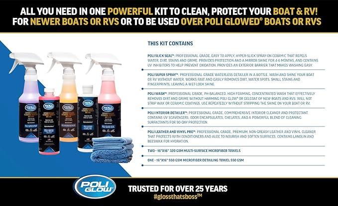 Poli Glow® 16 oz Vehicle Detailing Kit – All-in-One Cleaner & Protectant Set for Cars, Boats & RVs – Includes Interior, Exterior, Leather & Ceramic Detailers + Microfiber Towels – 7-Piece Kit - NeatNest