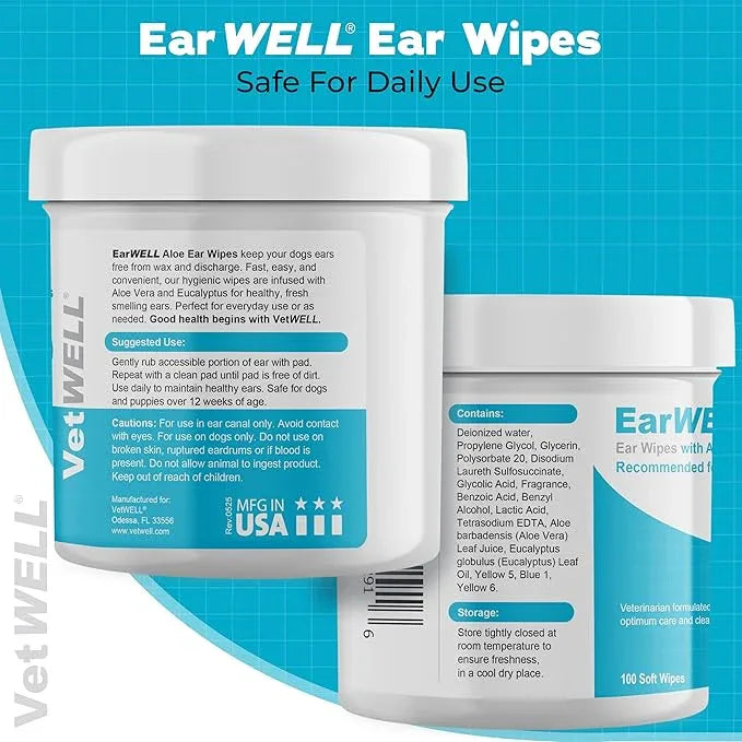 EarWELL by VetWELL Dog Ear Wipes - Otic Cleaning Wipes for Infections and Controlling Ear Odor in Pets - 100 Count - NeatNest
