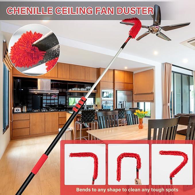 7-24 FT Extension Pole with 2 Outdoor Cobweb Brushes, 30 FT High Reach Ceiling Fan Cleaner Duster for Home, 24 FT Extendable Pole with 4 Pcs Dusting Tools, Cubweb Dusters, Feather Dusters, Fan Duster - NeatNest