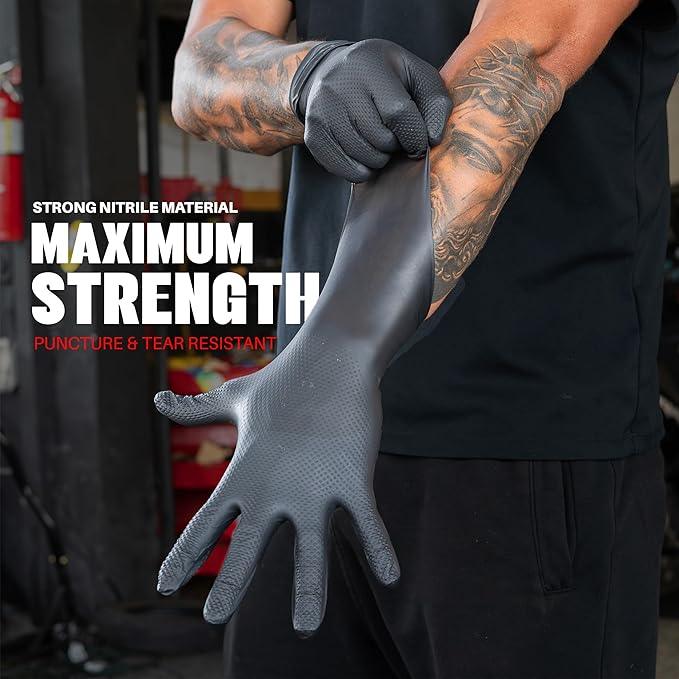 Herkules Grip Heavy Duty 8Mil Black Nitrile Gloves,3D Raised Diamond Texture-Latex & Powder-Free Industrial, Mechanic - NeatNest