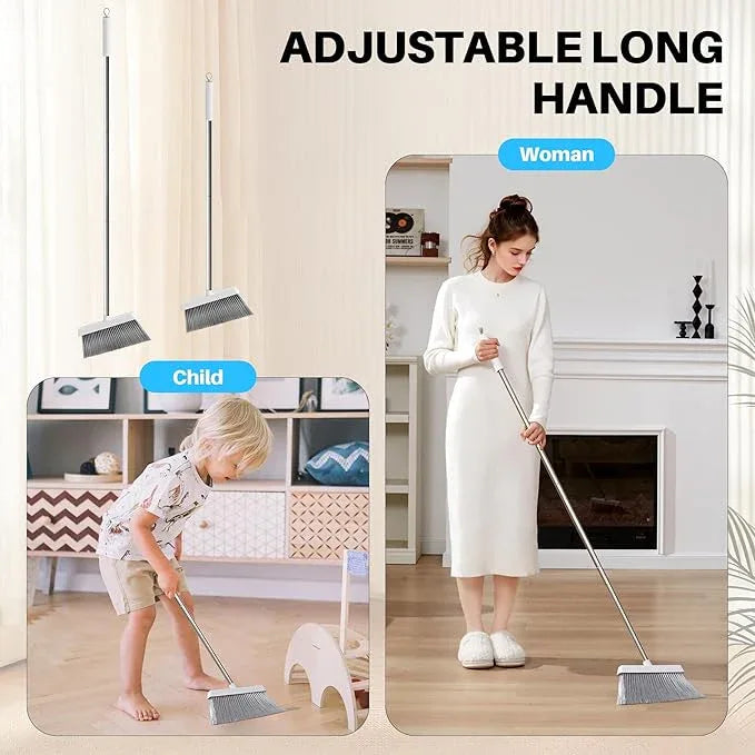 JOYMOOP White Broom and Dustpan Set, Upright Angle Design with Built-in Comb Teeth for Kitchen, Office, Pet Hair, Hard Floors - NeatNest