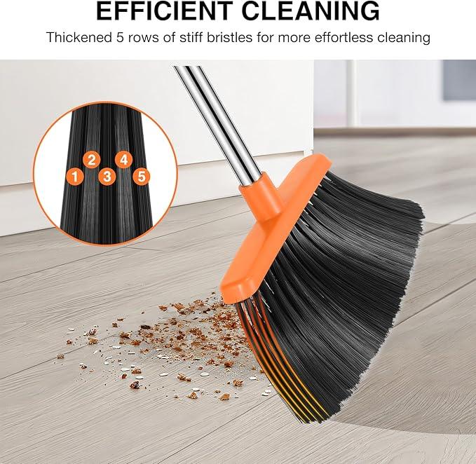 NACENA Broom and Dustpan Set, 52-in Long Adjustable Handle Broom Dustpan Combo with Dustpan Teeth to Automatically Clean Hair Suitable for Home Kitchen Office Hall Floor (Black&Orange), 4 Pack - NeatNest
