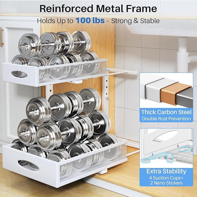 Under Sink Organizer, 2 Pack 2 Tier Pull Out Under Cabinet Organizer Shelf with Pad for Framed Cabinets, Metal Slide Out Under Sink Storage, Mesh Sliding Drawers for Kitchen Bathroom Laundry, White - NeatNest