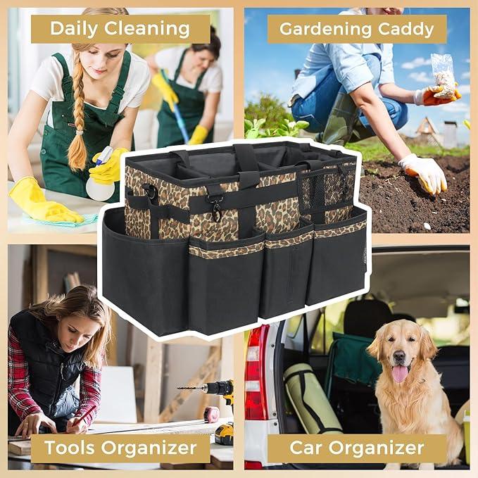 Wearable Cleaning Caddy, Cleaning Caddy Supplies Organizer with Handle & Shoulder Straps for Housekeepers, Under Sink & Car Cleaning Tool Organizers Bag with 4 Foldable Divider (Leopard) - NeatNest