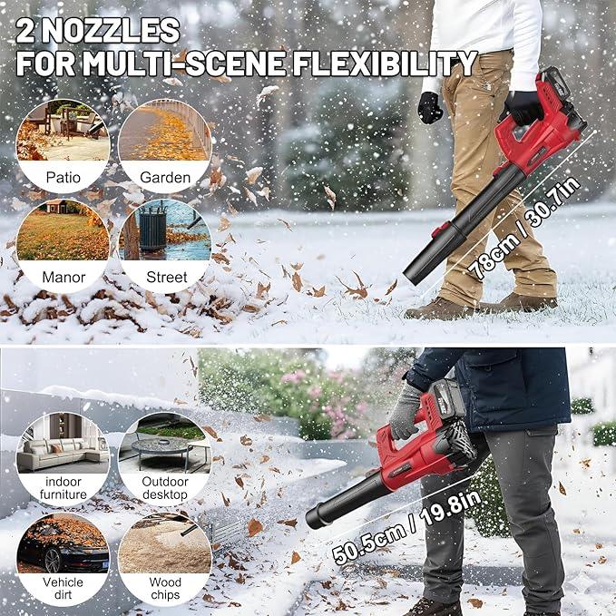 Leaf Blower Cordless with 2 x 4.0Ah Battery and Charger, 160MPH/580CFM High Power Lightweight Handheld Electric Snow Blower with 2 Extended Tubes for Lawn,Yard Garden, Leaves, Dust, Snow Care (Red) - NeatNest