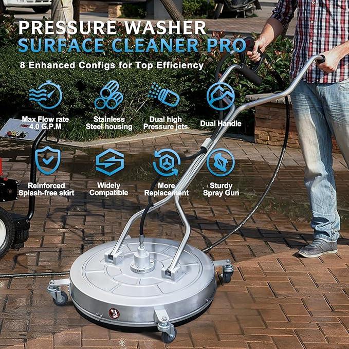 RAYNEL 24'' Pressure Washer Surface Cleaner with 4 Wheels, Dual Handle, Stainless Steel Housing, 2 Hose Adapters, 4 Replacement Nozzles - NeatNest