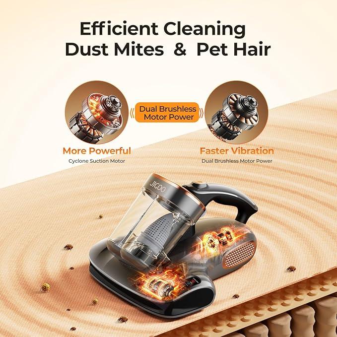 JIGOO Cordless Mattress Vacuum Cleaner with UV-C Light, Bed Vacuum Cleaner with Dust Sensor, Ultrasonic and High Heating, Deep Cleaning Bed Vacuum for Sofa Bed Fabric Surface (S100 Cordless) - NeatNest