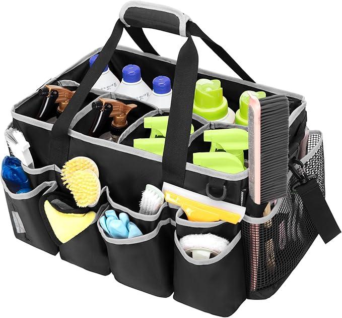 Extra-Large Wearable Cleaning Caddy, Organizer Bag for Products, Housekeeper Tote With Pad, Handle & Divider, Car Wash Tools Bag for Detailing Supplies, Gray Edge - NeatNest