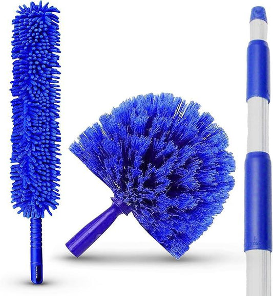 Ceiling Fan Duster Cobweb Duster, Extendable Reach 20 feet, | 3-Stage Aluminum Telescoping Pole | Extends for High Ceiling Duster | Long Handle Plus 2 Duster Heads - NeatNest