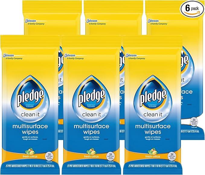 Pledge Multi-Surface Furniture Polish Wipes, Works on Wood, Granite, and Leather, Cleans and Protects, Fresh Citrus - Pack of 6 (150 Total Wipes) - NeatNest