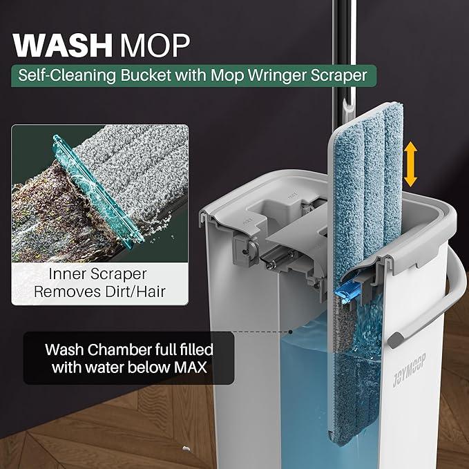 JOYMOOP Mop and Bucket Set, Dust Mops for Floor Cleaning, Wall Mop with 8 Microfiber Mop Head Replacement - NeatNest