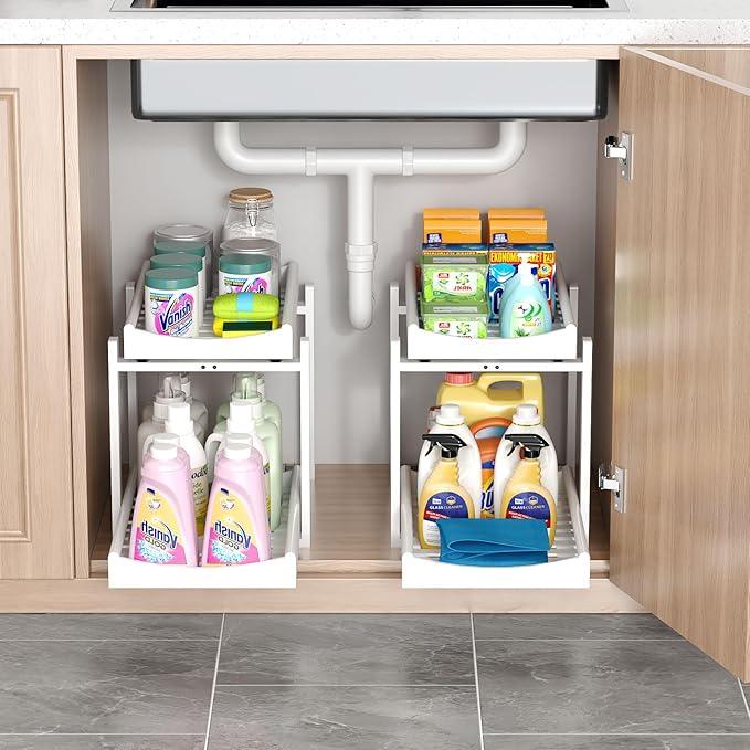 Bamboo Under Sink Organizer and Storage, 2 Pack Pull Out Cabinet Organization, 2 Tier Vertical Slide Out Undersink Storage Shelf, Multi-Purpose Organizer Shelves for Kitchen Bathroom Medicine, White - NeatNest