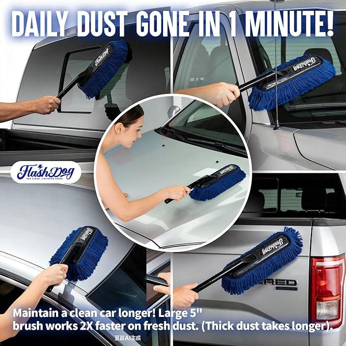 Flash Dog Car Duster Exterior - 25" Wood Handle Wax Cotton Hair Scratch Free Cleaning for Cars/SUV/Truck/RV Roofs & Windshields | Waterless Dust & Pollen Remover - NeatNest