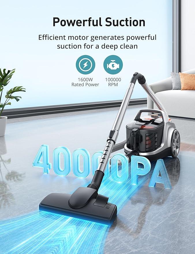Aspiron Canister Vacuum, Upgraded 1600W Bagless Canister Vacuum Cleaner, Auto Cord Rewind, H13 HEPA Filter, 4Qt Large Capacity, 5 Tools for Hard Floors, Carpet, Pet, Upholstery, Tiles, Apricot - NeatNest