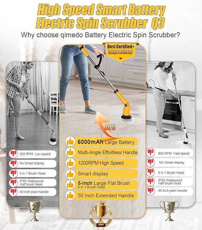 Qimedo Electric Spin Scrubber Extra Large Brush Q3,6000 mAh Best Battery Power Scrubber for Cleaning,1200RPM Shower Cordless Cleaning Brush with 8 Brushes for Bath/Tub/Tile/Floor (Smart Display) - NeatNest