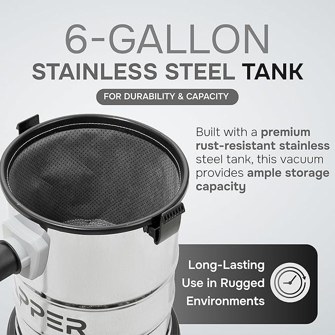 6 Gallon 3.0 Peak HP Wet/Dry Vacuum, Stainless Steel Tank, 3 in 1 Function Portable Shop Vacuum with Attachments, Ideal for Jobsite, Garage & Workshop. - NeatNest