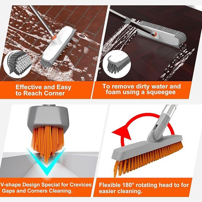 Heavy Duty Floor Scrub Brush and Grout Cleaner Tool with Long Handle Deck Brush with Stiff Bristles Outdoor Scrubber for Cleaning Deck Tile Kitchen Swimming Pool Bathroom(2 Pack Brush Head) - NeatNest