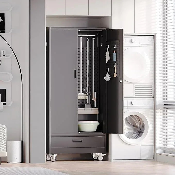 SUXXAN Broom Closet with Wheels 71"x 31.5"x15.75", Metal Cleaning Cabinets with Drawer Hooks and Hanging Rods, Lockable Cabinet with Pegboard, Adjustable Shelf,for Garage, Laundry Room - NeatNest