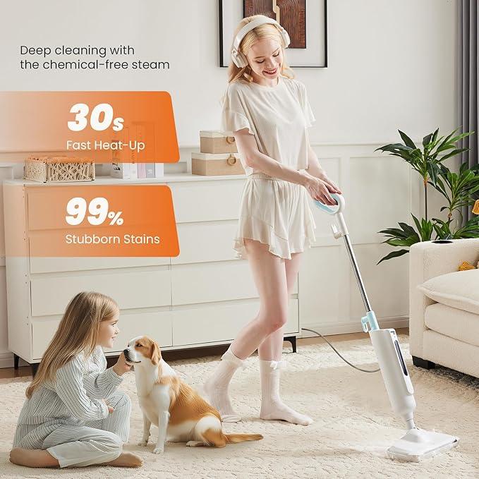 Sweetcrispy Steam Mop for Floor Cleaning,Lightweight Floor Steamer Cleaner for Hardwood/Tile/Laminate Floors Carpet, 2 Washable Pad, White and Green - NeatNest