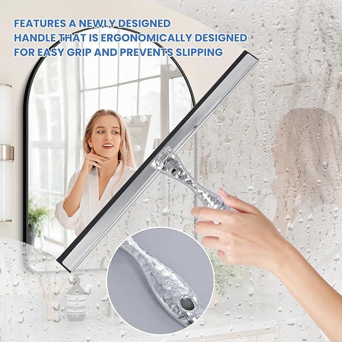 All-Purpose Silicone Shower Squeegee for Shower Glass Door,with 1 Hooks,for Bathroom Glass, Car, Tile Wall, Mirror Cleaning - Flower Shaped Handle for Easy-Grip 14 Inch Silver - NeatNest