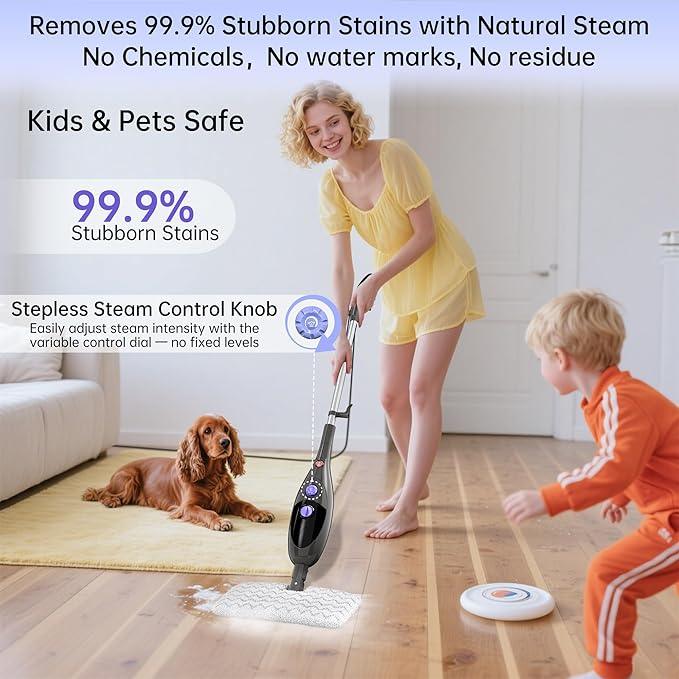 Steam Mop, 12-in-1 Detachable Handheld Steam Cleaner, 15s Fast Heat-Up Floor Steamer for Hardwood Floors, Tile, Carpet, Clothes, Windows & Furniture, Lightweight Design,Two-Sided Adjustable Mop Head - NeatNest