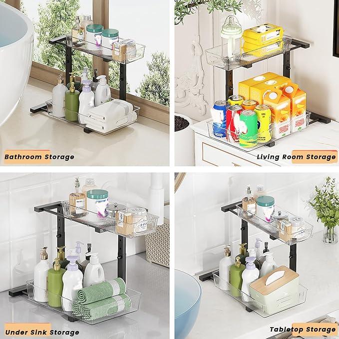 2 Pack Under Sink Organizer, 2 Tier Pull Out Storage Organizer, Slide Out Storage Shelf for Bathroom & Kitchen, Under Cabinet Organizer and Storage with 5 Gears Height Adjustable (Black) - NeatNest