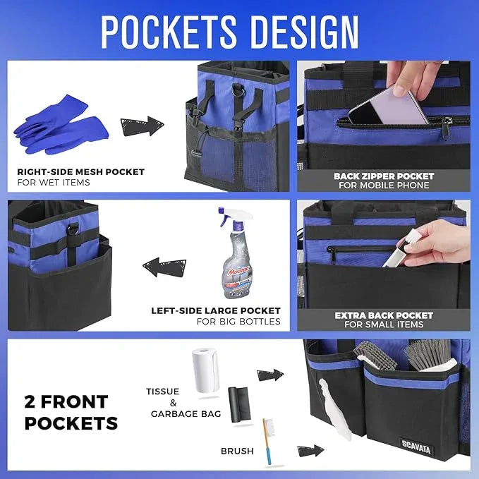 Compact Wearable Cleaning Caddy, Small Supplies Organizer with Handle & Shoulder Straps for Housekeepers, Under Sink & Car Cleaning Tool Organizer Bag (Blue) - NeatNest